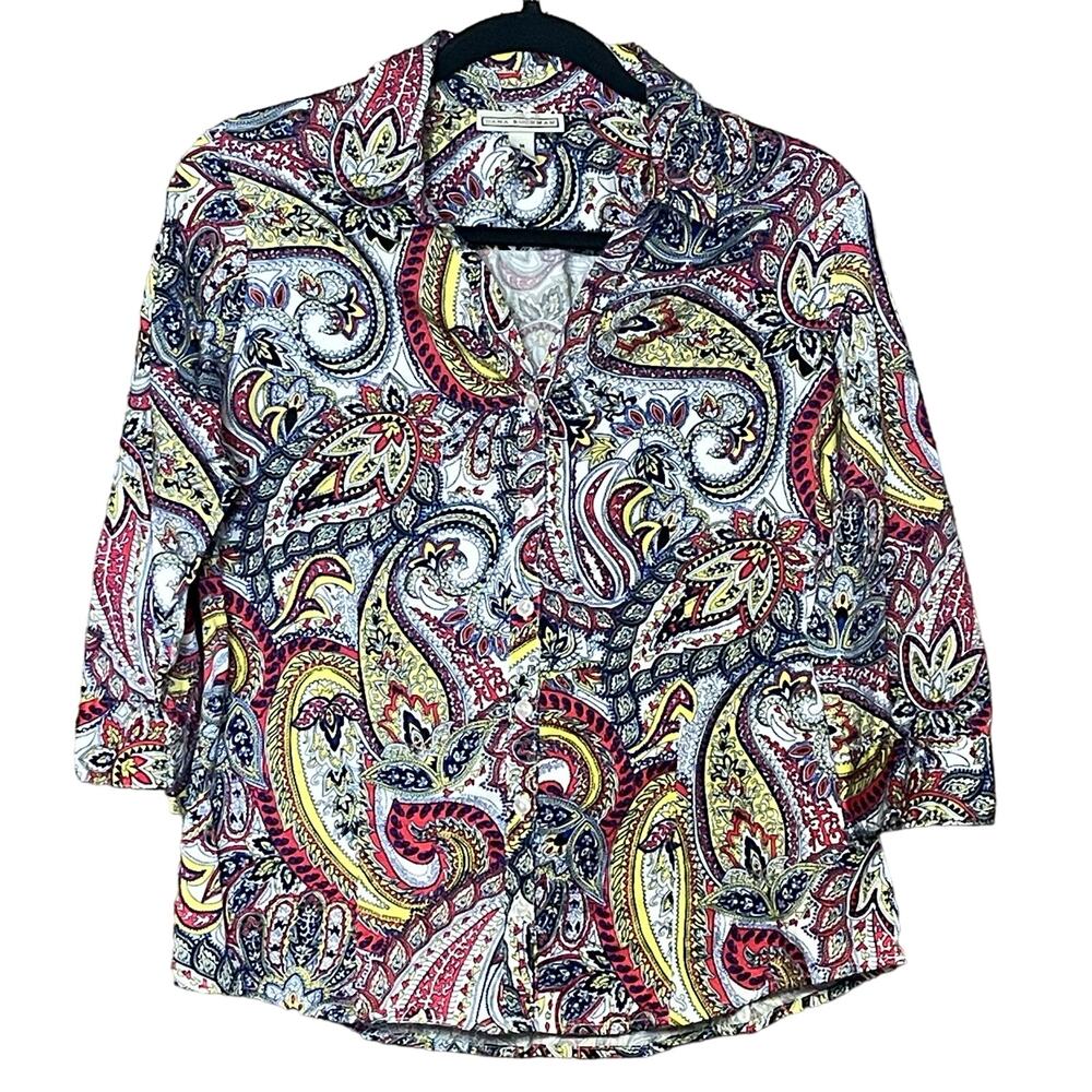 Dana Buchman 3/4 sleeve button up shirt paisley colorful collared women’s size M